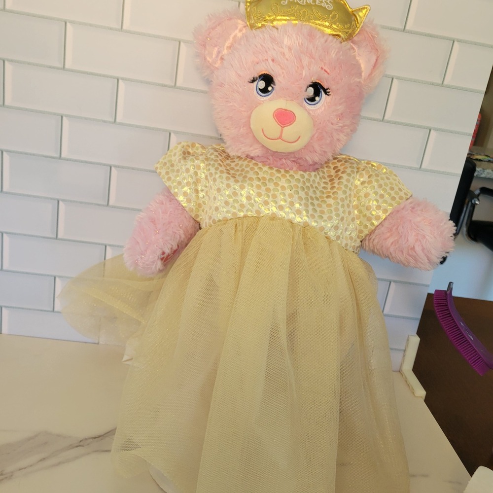 Build A Bear Disney Princess Pink Plush Bear Gold Sequin Tulle Dress Crown Belle